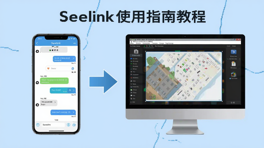 Seelink使用指南教程配图,展示手机与电脑端操作对比,左边手机屏幕显示聊天界面,右边电脑显示器显示模拟器窗口,中间有箭头指示,背景为浅蓝色,教育风格,高画质,无多余元素