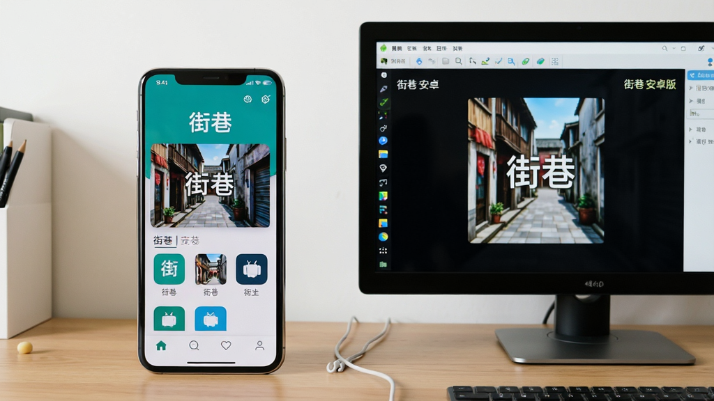 主体:一部手机和一台电脑并排摆放在桌面上,手机屏幕显示街巷应用主界面,电脑屏幕显示安卓模拟器中的街巷应用。布局:手机在左,电脑在右,背景是简洁的书桌。排版:设备居中,周围无杂物。风格:写实摄影风格,光线明亮,细节清晰。细节:手机和电脑屏幕上均有“街巷”字样,模拟器界面标注“街巷 安卓版”。画质:高清,干净,无多余元素。
