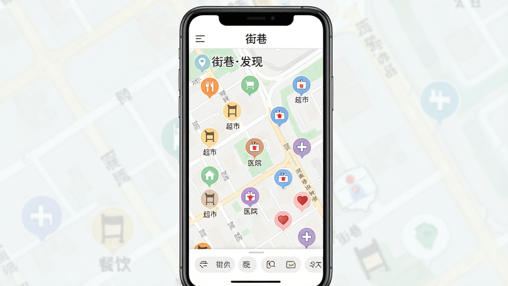 主体:手机屏幕显示街巷应用的街区地图页面,地图上有各种分类图标,如餐饮、超市、医院等。布局:手机竖放,地图占满屏幕,底部有分类筛选栏。排版:地图图标清晰,颜色区分明显。风格:地图风格,简洁实用,配色柔和。细节:屏幕顶部有“街巷”字样,地图上标注“街巷发现”字样。画质:高清,干净,无多余元素。