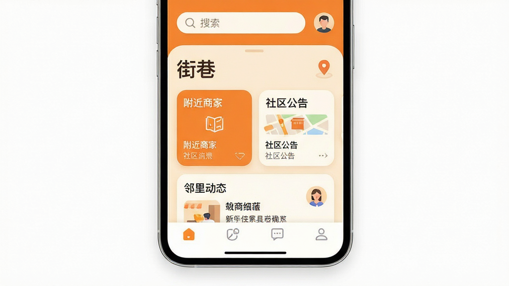 主体:智能手机屏幕展示街巷应用主界面,界面顶部有搜索栏和定位图标,中部以卡片形式展示附近商家、社区公告和邻里动态,底部导航栏清晰。布局:手机居中,屏幕内容占画面主体,周围留白简洁。排版:界面布局清晰,卡片圆角,间距均匀。风格:扁平化设计,色彩明亮温暖,以橙色和米色为主色调。细节:屏幕中显示“街巷”字样,地图小图标,用户头像。画质:高清,干净,无多余元素。