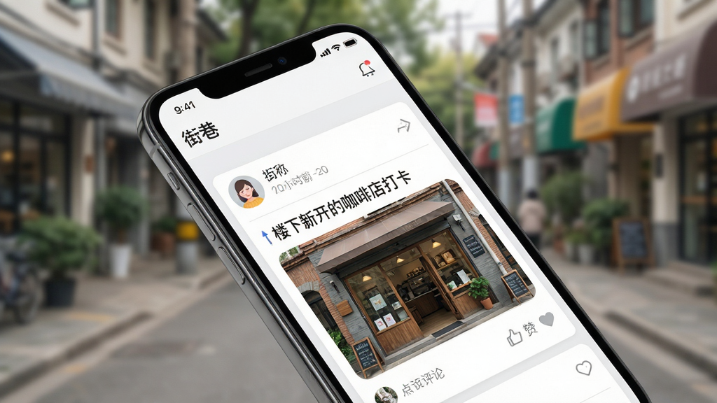 主体:手机屏幕展示街巷应用中的邻里社交动态列表,包含用户发布的文字、图片和点赞评论按钮。布局:手机斜放,背景为模糊的社区街景。排版:动态卡片垂直排列,头像、昵称、时间、内容层级分明。风格:社交软件风格,界面简洁明快,以白色和浅灰色为主。细节:屏幕上有“街巷”字样,动态内容为“楼下新开的咖啡店打卡”,配图是咖啡店门面。画质:高清,干净,无多余元素。