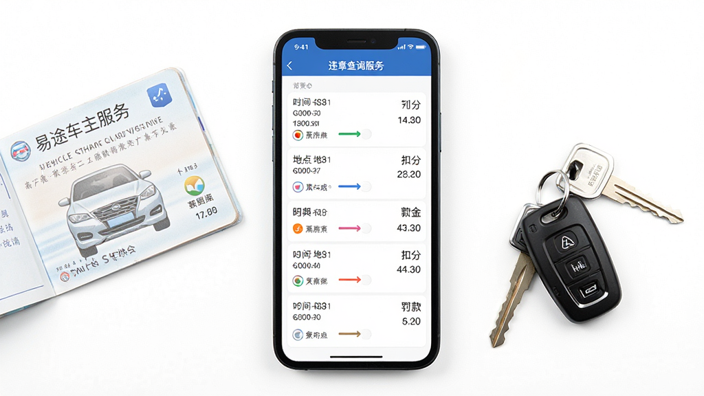 图片主体为易途车主服务APP的违章查询结果页面截图,手机屏幕上以列表形式清晰展示多条违章记录,每条记录包含时间、地点、扣分和罚款金额。手机旁边放置着一本打开的车辆行驶证和一副车钥匙。整体布局为手机屏幕居中,辅助物品环绕摆放,画面风格简洁明亮,背景为纯白色,突出屏幕内容,细节丰富,画质干净,无多余元素。