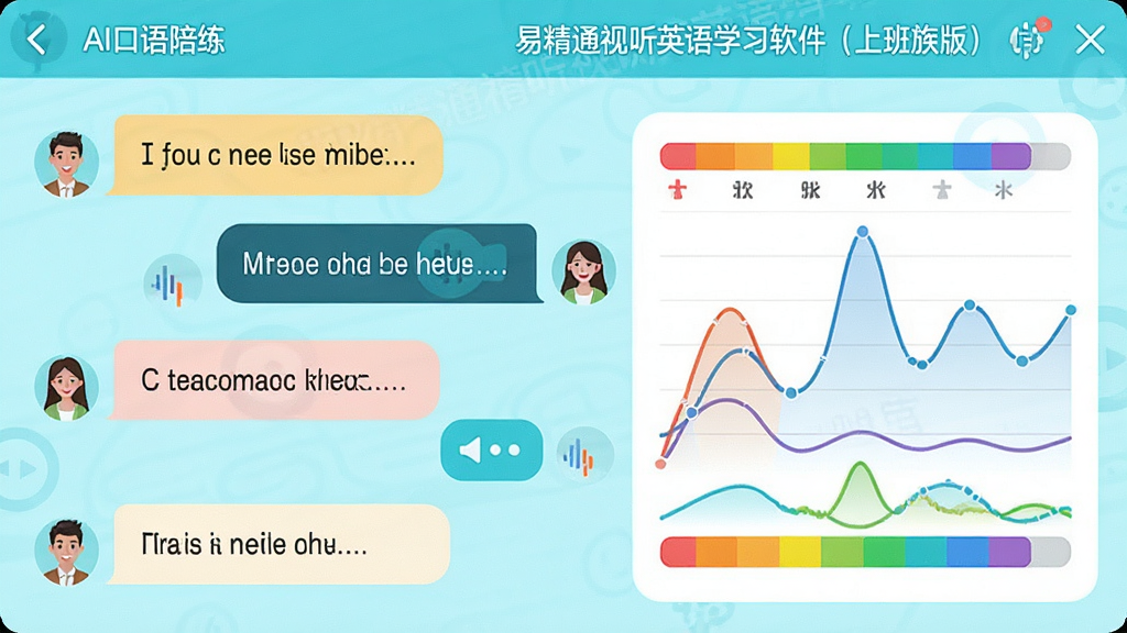 主体:易精通视听英语学习软件(上班族版)的“AI口语陪练”对话界面,显示用户与AI的对话框,并带有发音评分波形图。布局:左侧为对话气泡区域,右侧为发音波形与评分条。排版:聊天式界面,波形图以折线图形式呈现,评分条以彩色进度条展示。风格:清新活泼,色彩明亮。细节:对话气泡中显示英文句子,评分条上方有“易精通视听英语学习软件(上班族版)”水印。画质:高清,干净。