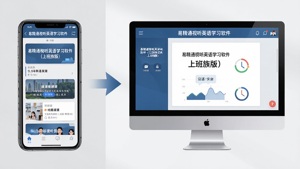 主体:易精通视听英语学习软件(上班族版)在手机和电脑上同步使用的场景图,手机竖屏显示课程列表,电脑屏幕显示口语评测界面。布局:左右分屏,左侧手机,右侧电脑,中间有同步箭头。排版:简洁明快,背景为浅灰色。风格:现代商务。细节:手机和电脑屏幕上均有“易精通视听英语学习软件(上班族版)”界面,画面干净。画质:高清,无多余元素。