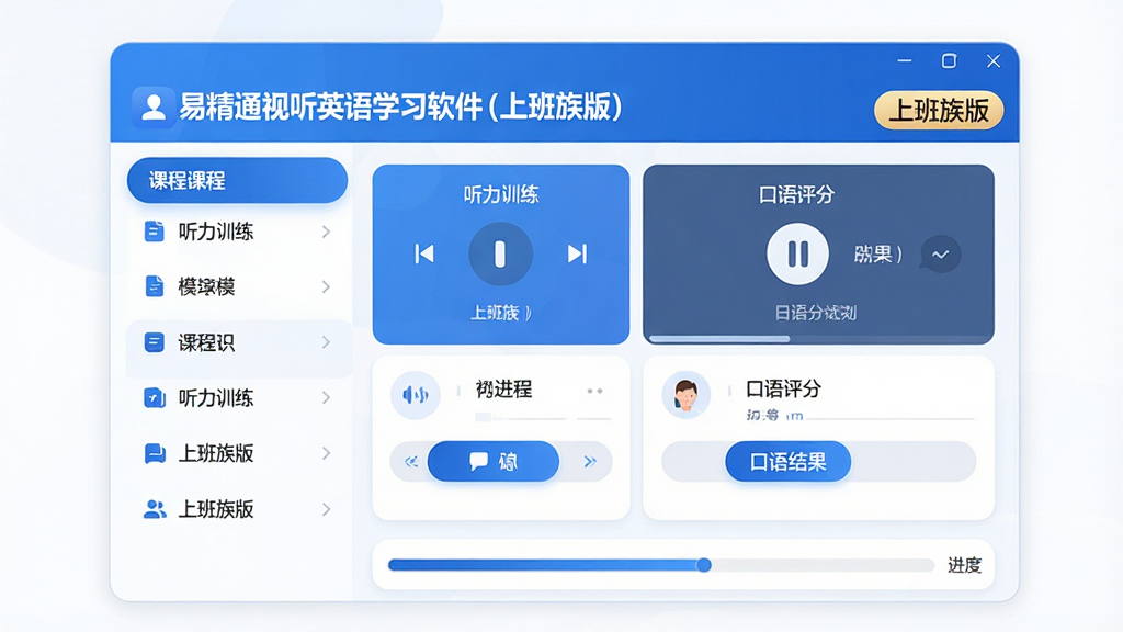主体:易精通视听英语学习软件(上班族版)主界面展示,屏幕中显示英语听力训练模块和口语评分结果。布局:居中展示软件主窗口,左侧为课程列表,右侧为播放与跟读区域,下方为学习进度条。排版:现代扁平化界面,色彩以蓝色和白色为主,按钮圆润。风格:科技感、商务简约。细节:屏幕上清晰显示“易精通视听英语学习软件(上班族版)”字样和“上班族版”标识,界面干净无多余图标。画质:高清,干净,无多余元素。