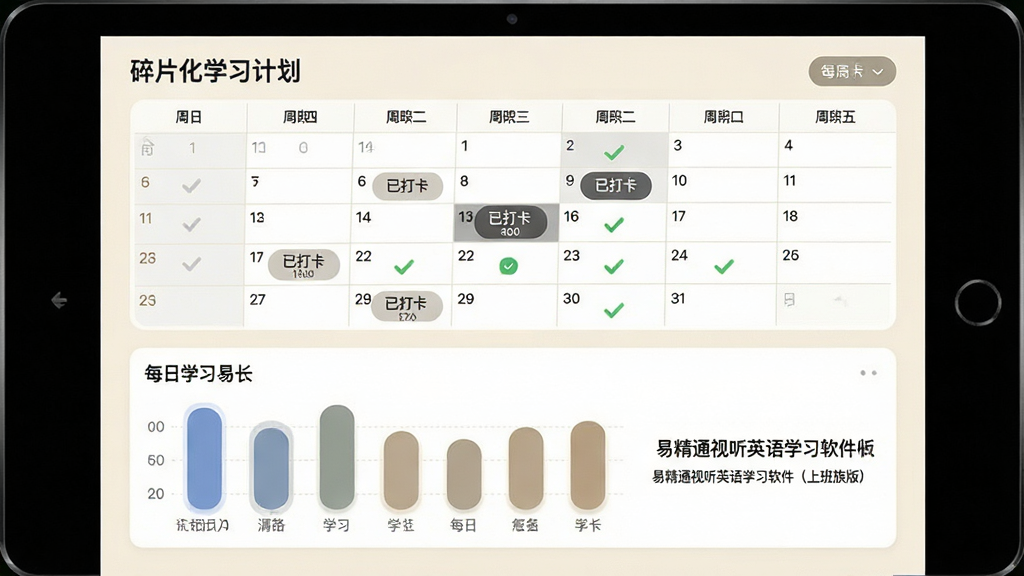 主体:易精通视听英语学习软件(上班族版)的“碎片化学习计划”界面,显示一周的学习日历和每日学习时长统计。布局:上方为日历视图,下方为每日学习时长条形图。排版:日历以表格形式展示,条形图采用圆角柱状图。风格:简约商务,背景米白。细节:日历中标记“已打卡”日期,条形图旁有“易精通视听英语学习软件(上班族版)”字样。画质:干净,无多余元素。