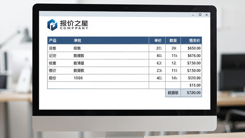 展示报价之星软件在电脑屏幕上生成一份精美的报价单,界面显示公司Logo、产品列表、单价、数量和总价,布局整洁美观,风格商务专业,细节包括清晰的表格边框和字体,整体画质干净无多余元素