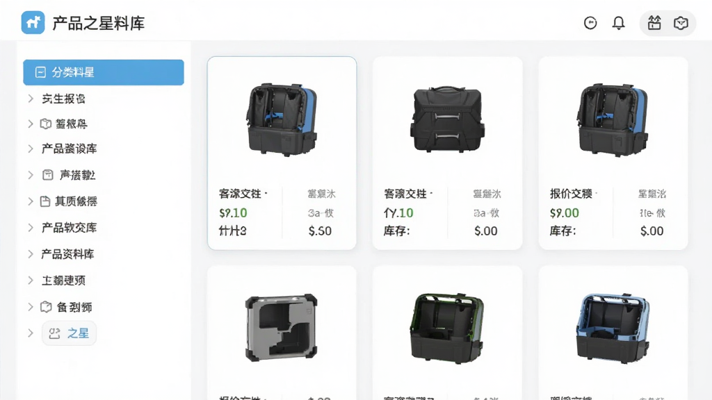 展示报价之星软件的产品资料库界面,左侧为分类列表,右侧为产品卡片,包含产品图片、名称、价格和库存信息,界面风格简洁现代,色彩清新,布局清晰,细节丰富,画质干净,无多余元素