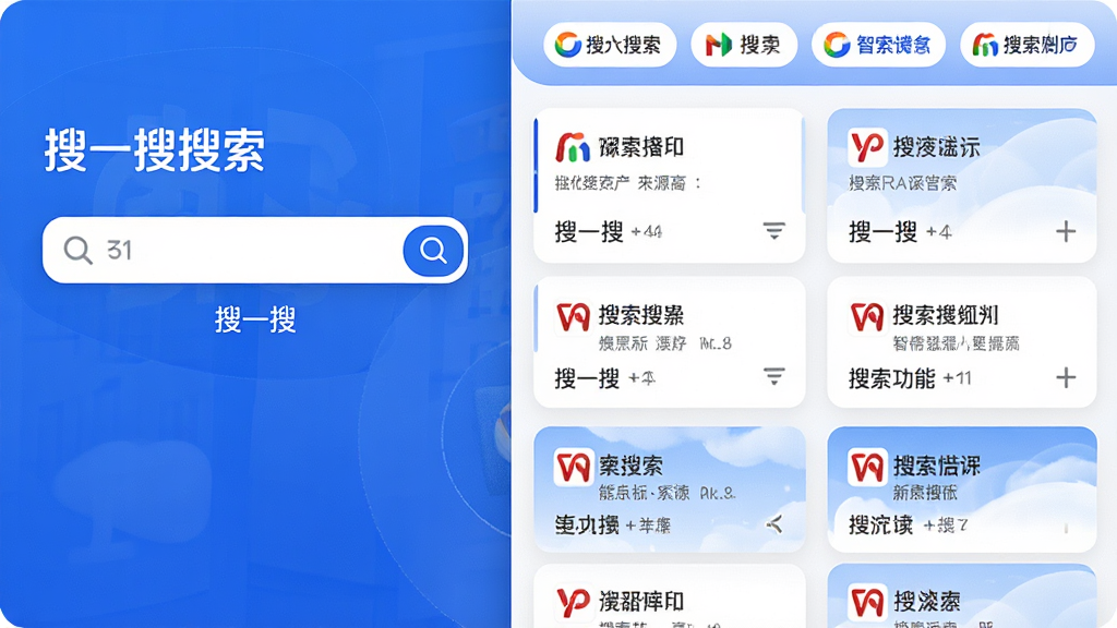 主体:搜一搜浏览器智能搜索功能展示,屏幕中多个搜索结果卡片整齐排列。布局:左侧为搜索框,右侧为分栏显示的搜索结果,顶部有多个搜索引擎标签。排版:卡片式布局,信息层级分明。风格:清新商务风,蓝白配色。细节:每张卡片上标注来源网站图标,搜索框下方有“搜一搜”字样。画质:高清,色彩协调,干净无多余元素。