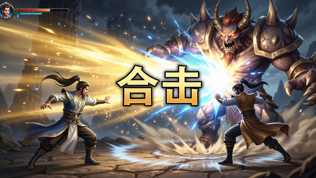 ��Ϸս�����棬����ʦ�ֽ�ɫͬʱ�ͷźϻ����ܣ���ɫ����ɫ��â��֯�γɾ޴�����������ھ޴��BOSS���ϣ���Ļ������ʾ���ϻ����������֣���Χ��������Ч�����������涯��ʮ�㣬ɫ��Ѥ��������������ϸ�ڷḻ�����Ϊ������Ѫ���ɾ��޶���Ԫ��