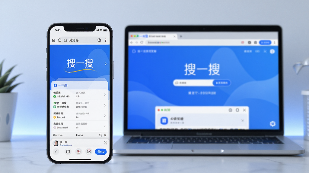主体:搜一搜浏览器在手机和电脑上同步使用的场景。布局:前景为手机屏幕显示浏览器界面,背景为笔记本电脑屏幕同样显示浏览器界面。排版:形成对比,视觉平衡。风格:现代科技风,蓝色主调。细节:手机和电脑画面中都有“搜一搜”字样,画面干净,光线柔和。画质:高清,色彩自然,无多余元素。