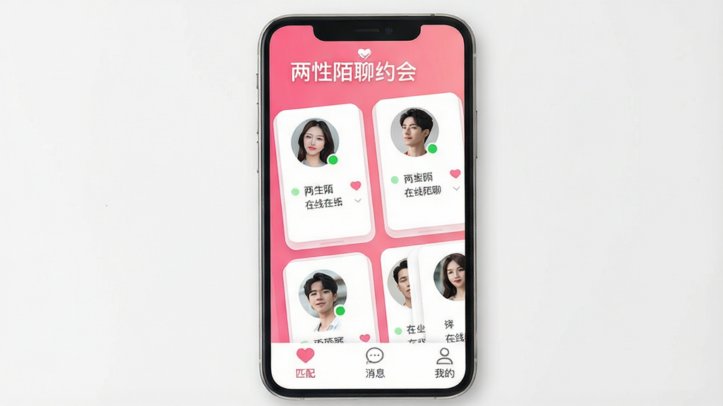 一张智能手机屏幕展示“两性陌聊约会”主界面,界面以粉色渐变为主色调,顶部显示“两性陌聊约会”Logo,下方排列多个用户头像卡片,每个卡片有在线状态绿点,底部导航栏包含“匹配”“消息”“我的”三个图标,整体风格现代简约,UI清晰,画质高清,干净无多余元素