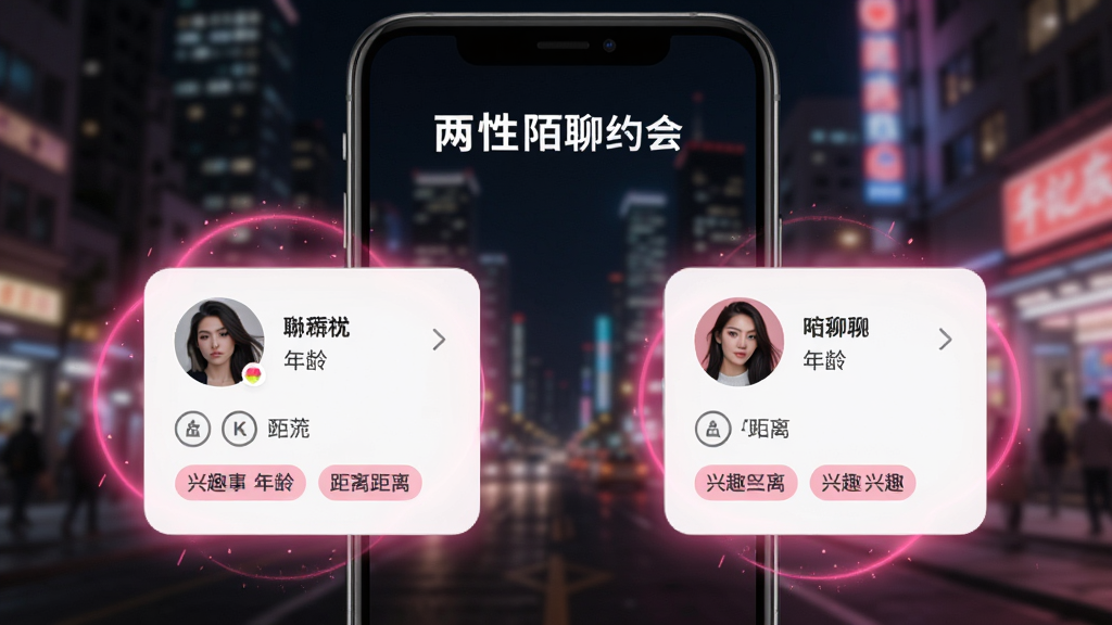 手机屏幕显示“两性陌聊约会”匹配页面,两张用户卡片左右滑动,卡片上有头像、昵称、年龄、距离和兴趣标签,背景为模糊的城市夜景,界面有粉色光晕特效,整体风格时尚动感,画质干净,无多余元素