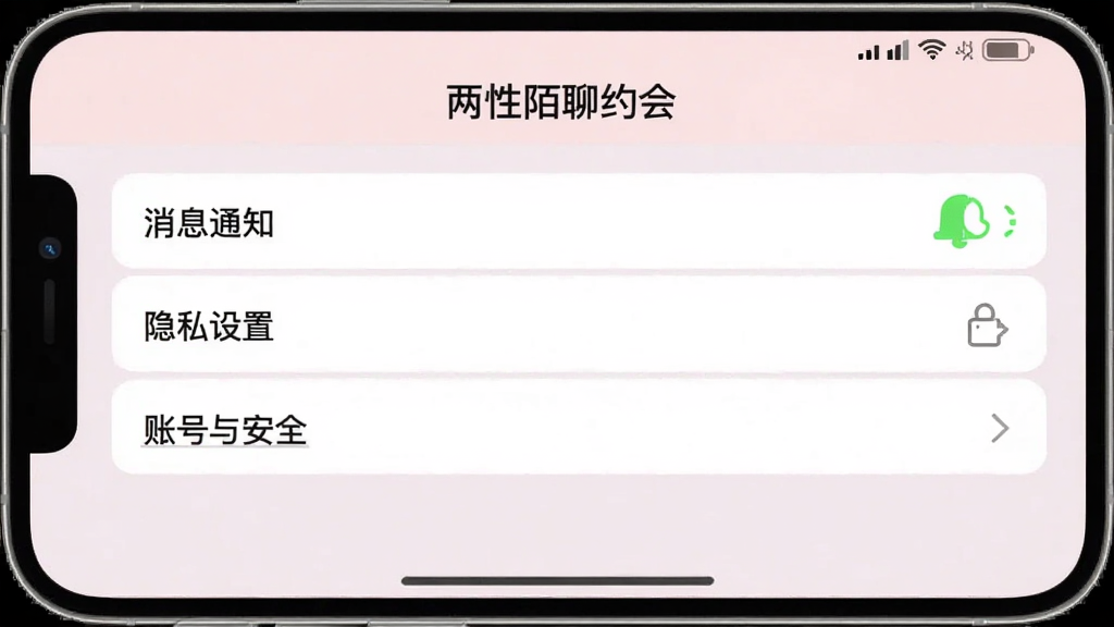 一张手机横屏截图展示“两性陌聊约会”设置页面,包含“消息通知”“隐私设置”“账号与安全”等选项,背景为淡粉色,界面简洁,画质干净,无多余元素