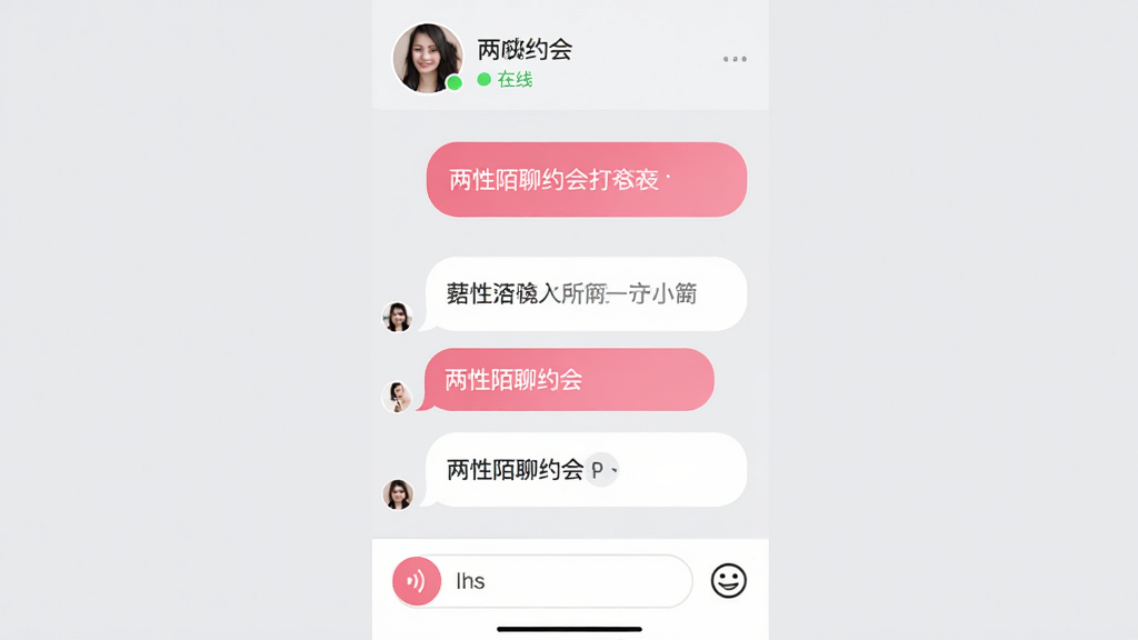 展示“两性陌聊约会”聊天界面,对话气泡以粉色和白色交替,底部有语音输入按钮和表情图标,顶部显示对方头像和在线状态,背景为浅灰色,整体界面清爽简洁,画质高清,干净无多余元素
