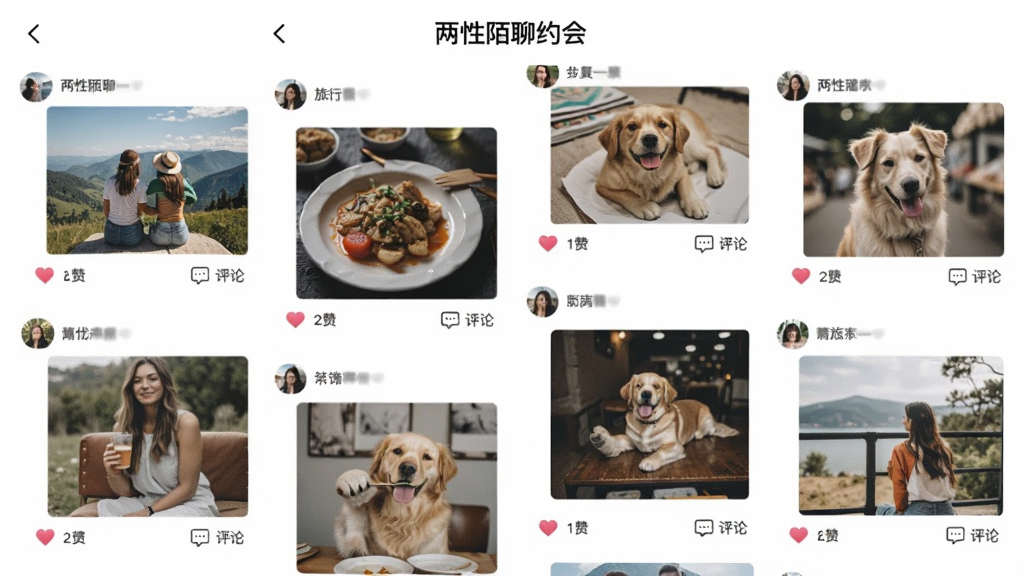 展示“两性陌聊约会”动态广场,瀑布流布局展示用户发布的图片和文字,图片内容为旅行、美食、宠物等生活场景,每条动态下方有爱心点赞和评论图标,背景为白色,整体风格清新自然,画质干净,无多余元素