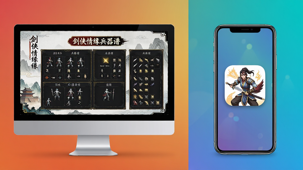 主体:剑侠情缘兵器谱软件在手机与电脑上运行对比图。布局:左侧为电脑屏幕,右侧为手机屏幕。排版:并排展示,背景为渐变色。风格:现代科技感。细节:电脑屏幕显示“剑侠情缘兵器谱”界面,手机屏幕显示APP图标。画质:高清,干净无多余元素。