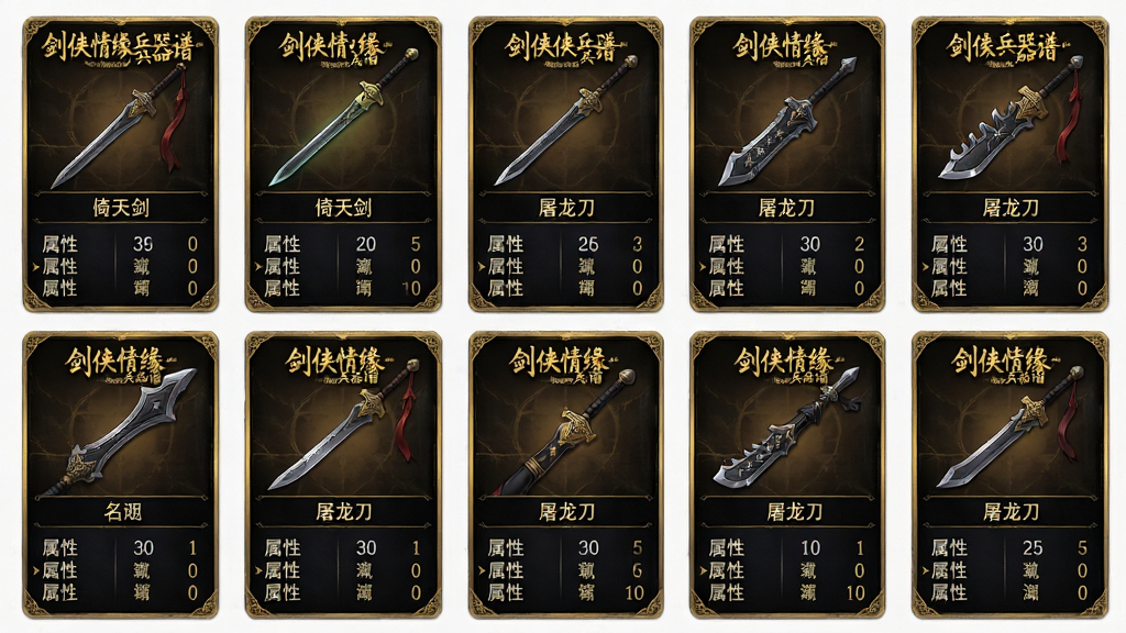 主体:剑侠情缘兵器谱软件图鉴页面,展示多种兵器卡片排列。布局:网格状排列,每张卡片包含兵器小图、名称、属性数值。排版:卡片式设计,深色背景,金色边框,文字清晰。风格:游戏原画风格,细节精致。细节:卡片上标注“剑侠情缘兵器谱”Logo,兵器名称如“倚天剑”、“屠龙刀”。画质:高清,干净无多余元素。