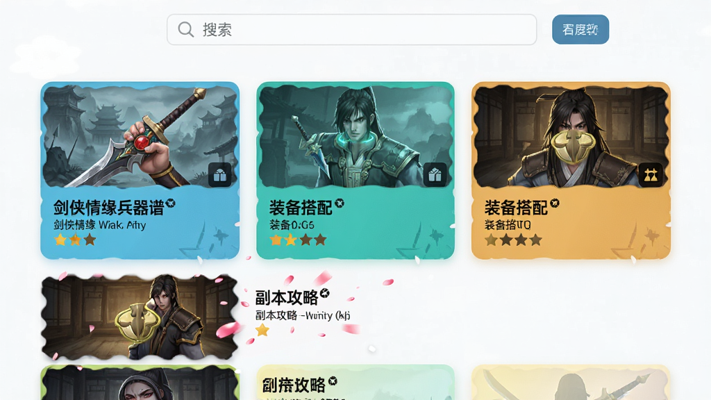 主体:剑侠情缘兵器谱软件攻略资讯页面,展示最新攻略文章列表。布局:顶部为搜索栏,下方为文章卡片流。排版:简洁的列表式,配以缩略图。风格:扁平化设计,色彩明快。细节:文章标题包含“剑侠情缘兵器谱”、“装备搭配”、“副本攻略”等字样。画质:清晰,干净无多余元素。