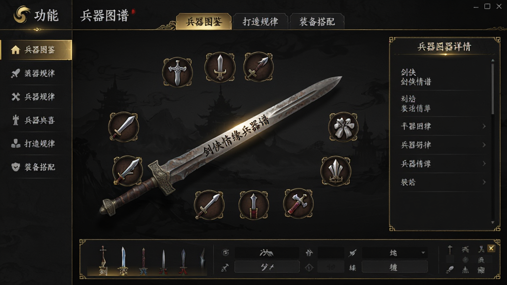主体:剑侠情缘兵器谱软件主界面展示图,画面中央展示一把古朴长剑的3D模型,周围环绕着各类兵器图标。布局:左侧为功能导航栏,右侧为兵器详情面板,底部为数据统计栏。排版:整体采用深色武侠风格,金色线条勾勒边框,文字使用白色楷体。风格:写实与游戏原画结合,光影效果突出。细节:剑身刻有“剑侠情缘兵器谱”字样,界面显示“兵器图鉴”、“打造规律”、“装备搭配”等标签。画质:高清渲染,干净无多余元素。
