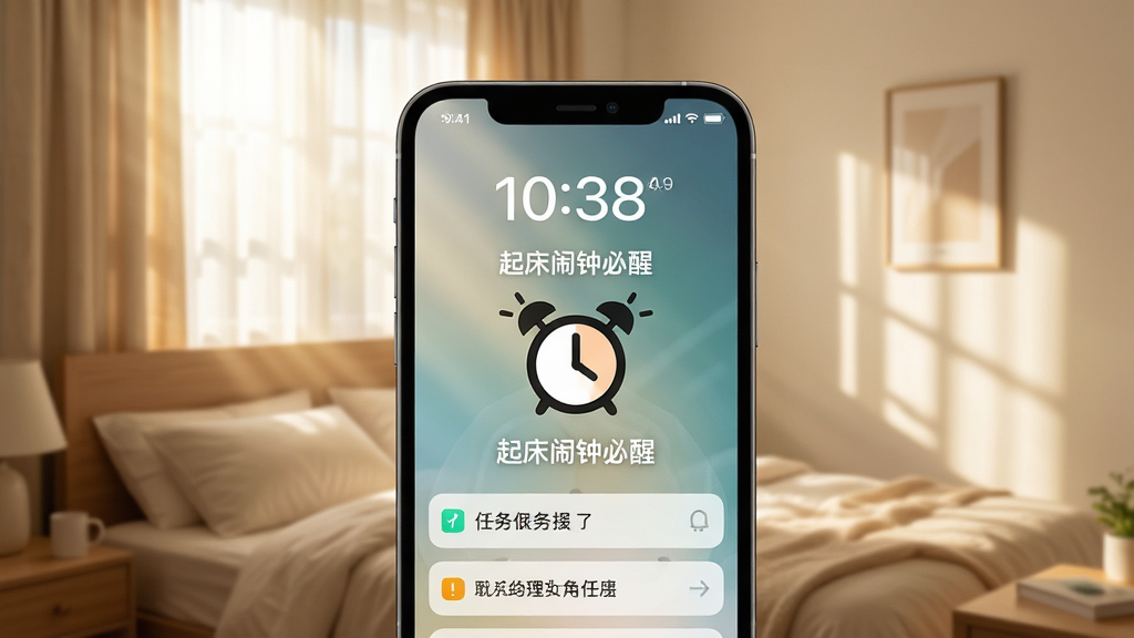 画面主体为一部亮屏的智能手机,屏幕正中央显示