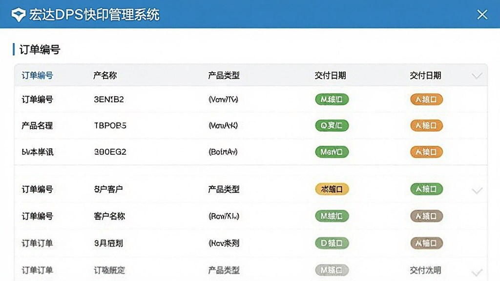 宏达DPS快印管理系统订单列表页面,显示订单编号、客户名称、产品类型、交付日期等字段,表格整齐,状态标签用彩色区分,界面明亮简洁,无多余元素,高画质