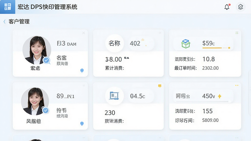 宏达DPS快印管理系统客户管理界面,以卡片形式展示客户头像、名称、累计消费、最近订单时间,布局美观,浅色背景,高画质,无多余元素