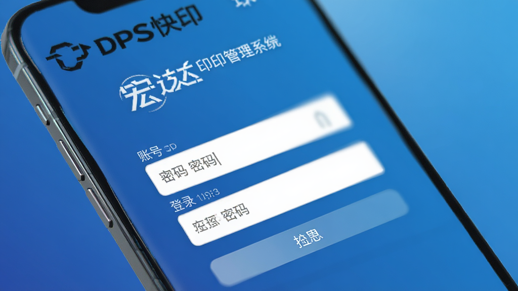 宏达DPS快印管理系统移动端登录页面,手机屏幕显示账号密码输入框,背景为渐变蓝色,界面简洁,高画质,无多余元素