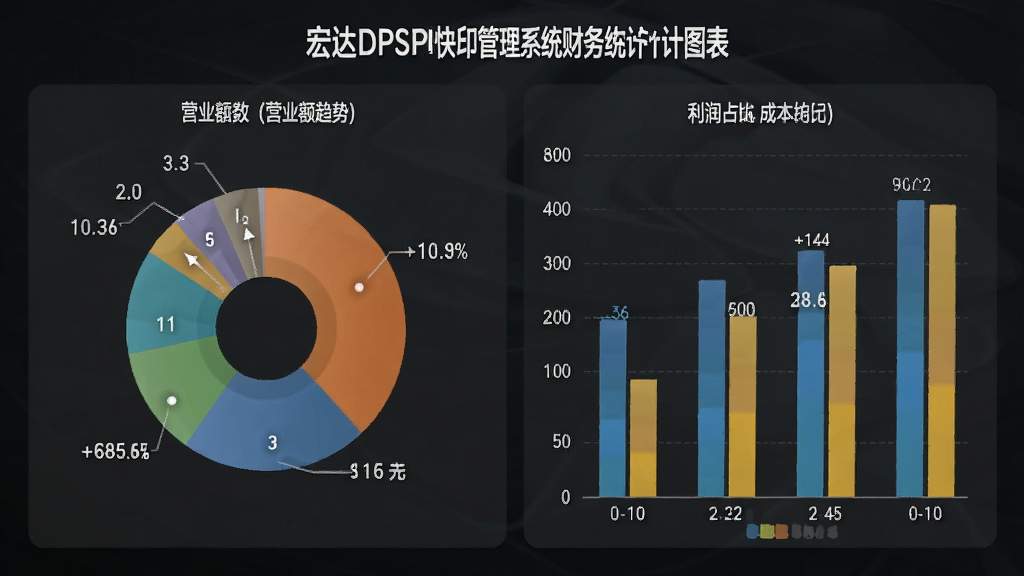 宏达DPS快印管理系统财务统计图表,显示营业额趋势、利润占比、成本构成等,饼图柱状图结合,深色背景,数字清晰,商务风格,高画质,无多余元素