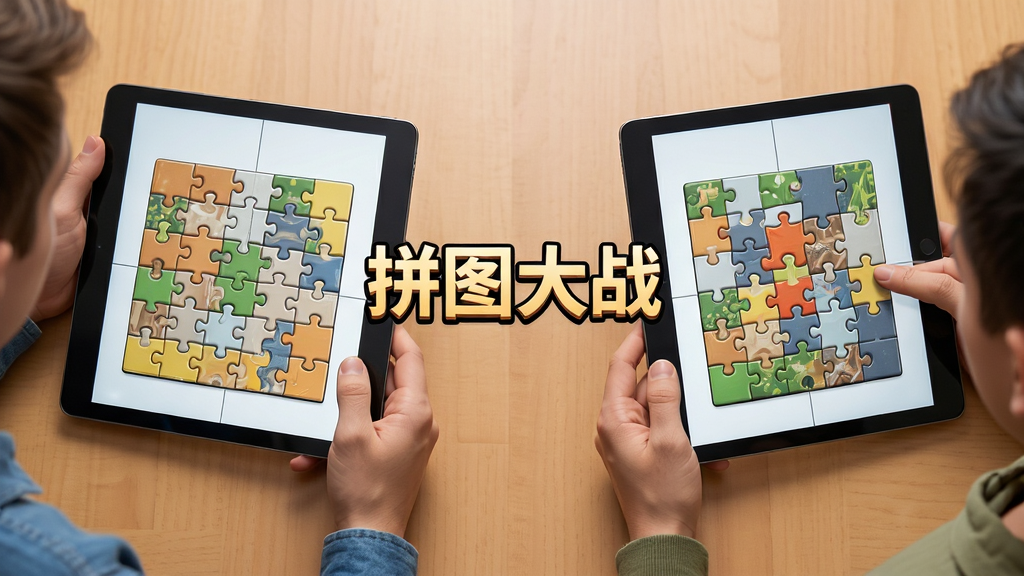 主体为两名玩家手持平板进行拼图对决的俯视画面,布局左右对称,中间显示“拼图大战”字样,风格写实结合卡通,细节突出屏幕上的拼图进度差异,画质清晰干净,无多余元素。