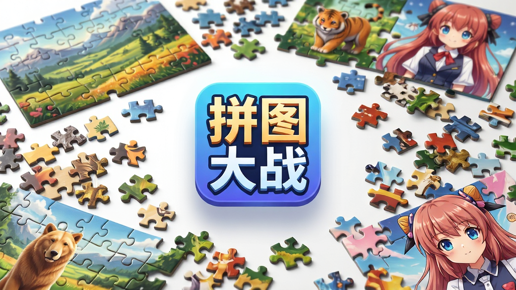 主体为铺满桌面的各种风格拼图碎片,包括风景、动物、动漫图案,布局错落有致,中央悬浮“拼图大战”图标,风格明亮写实,细节展现丰富色彩与碎片形状,画质细腻干净,无多余元素。