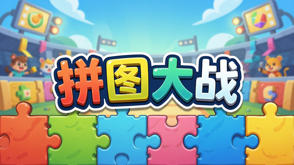 画面主体为色彩鲜艳的卡通拼图块与游戏LOGO“拼图大战”,背景是活泼的竞技场,布局中央突出游戏名称,排版简洁明快,风格清新卡通,细节包括拼图块边缘的咬合纹理,画质高清干净,无多余元素。