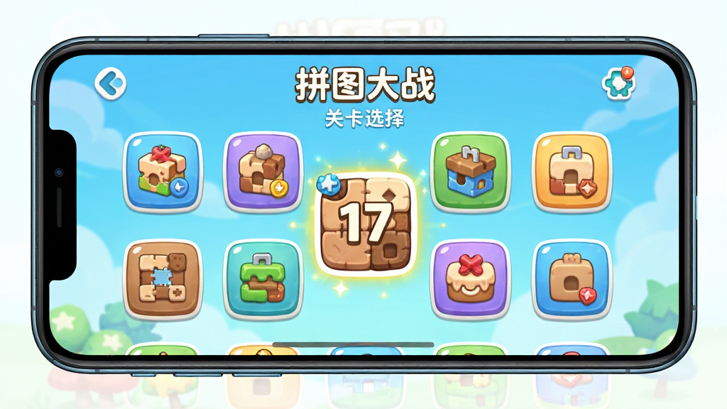 主体为手机横屏游戏画面显示“拼图大战”关卡选择界面,布局中央是各个关卡图标,风格清新明亮,细节高亮显示第17关,画质干净无多余元素。