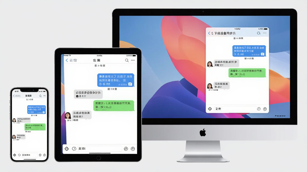 云信多设备同步展示,手机、平板、电脑并排显示,屏幕上有相同的聊天界面,背景为浅灰色,风格简约,突出同步功能,画质清晰,无多余元素