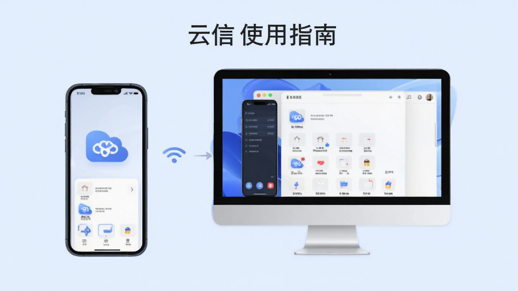 云信使用指南插图,展示手机与电脑同时在线,背景为淡蓝色,风格简洁,突出多端协同,画质干净,无多余元素