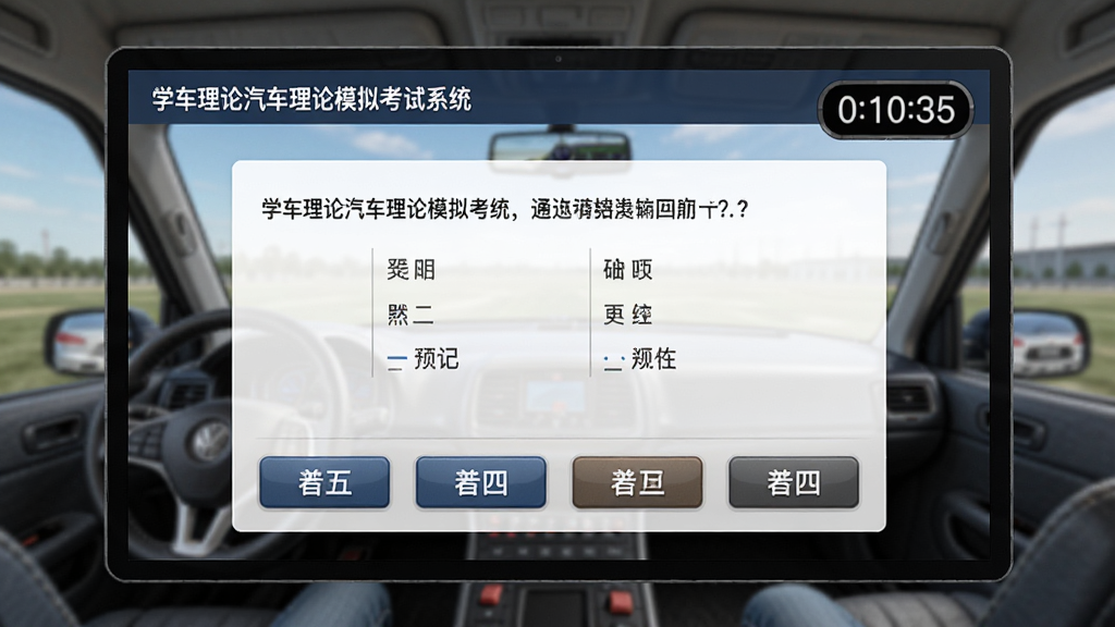 学车理论汽车理论模拟考试系统的全真模拟考试界面预览图,屏幕中央显示一道选择题,下方有四个选项按钮,右上角有倒计时时钟,整体界面风格简洁专业,背景为模拟考场环境,采用平视构图,注重界面细节和按钮质感,画质干净清晰。