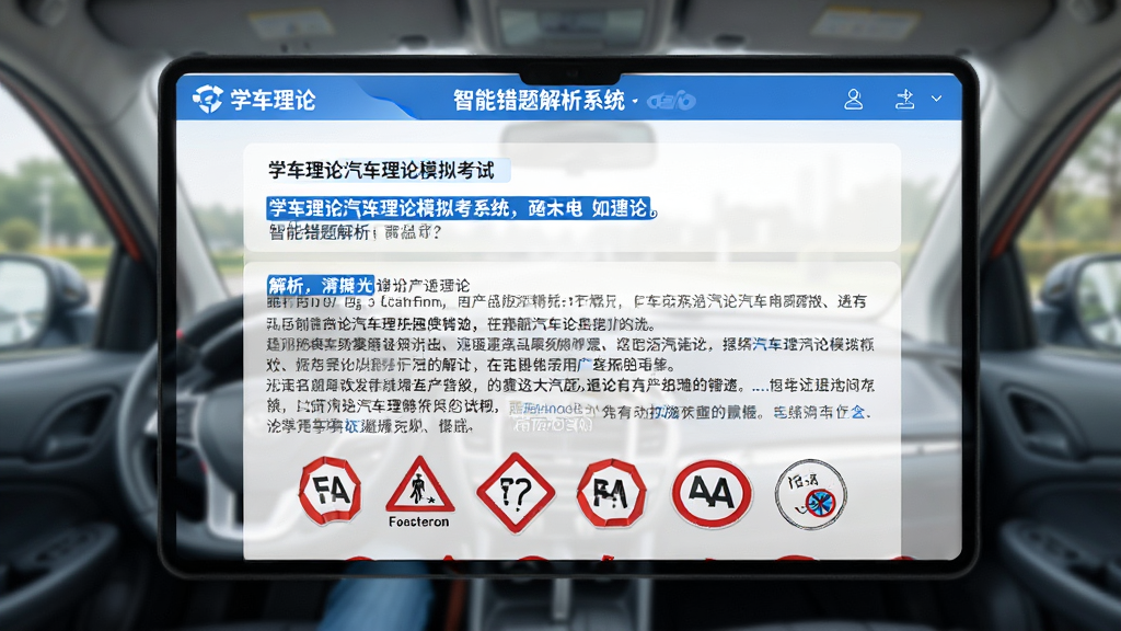 学车理论汽车理论模拟考试系统的智能错题解析界面,展示一道错题及其下方详细的文字解析和相关的交通标志图示,界面风格清爽,重点信息用蓝色高亮标注,背景虚化,突出解析内容,画质高清,布局规整。