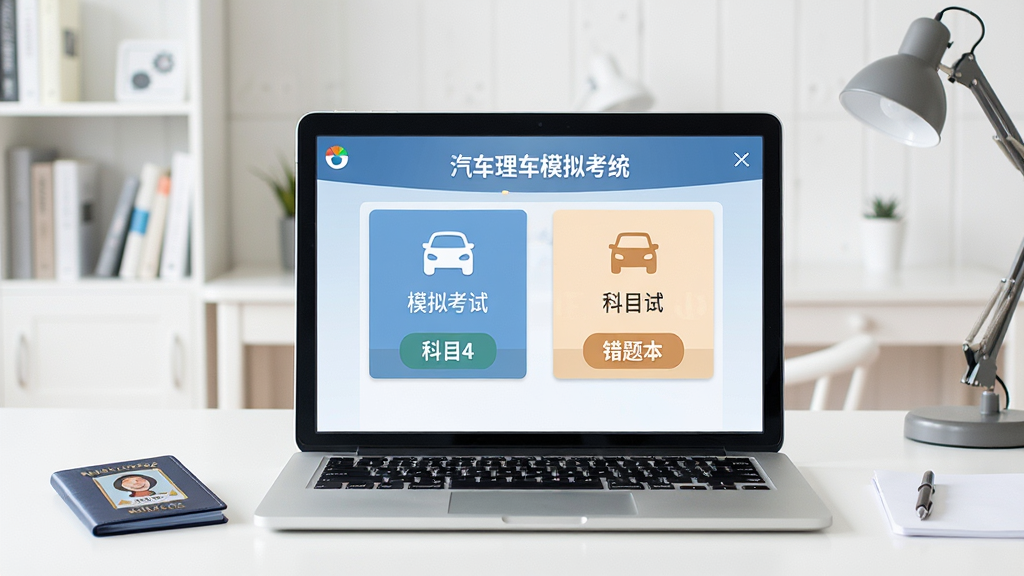画面主体为打开在电脑或平板上的学车理论汽车理论模拟考试系统主界面,界面清晰展示科目一和科目四的练习与模拟考试入口,背景为简洁明亮的现代书房,桌面整洁,摆放着驾驶证小册子。整体布局采用居中构图,界面窗口占据画面核心位置,排版清晰有序,风格为扁平化UI设计,细节上突出题库分类、模拟考试和错题本等核心功能图标,画质高清,干净无多余元素。