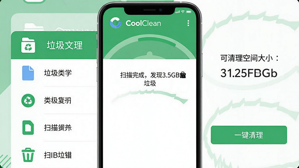 主体:CoolClean的垃圾清理界面,显示扫描到的各类垃圾文件和清理按钮。布局:手机屏幕占据画面中央,左侧列出垃圾文件类型图标,右侧显示可清理空间大小。排版:列表式布局,清晰明了,颜色以绿色和白色为主。风格:清爽简约,扁平化。细节:屏幕中显示“扫描完成,发现3.5GB垃圾”和“一键清理”按钮,以及文件类型图标。画质:高清,干净,无多余元素。