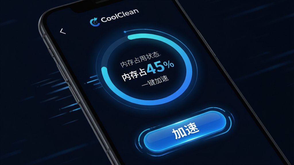 主体:CoolClean的手机加速界面,显示内存状态和加速按钮。布局:手机屏幕中央显示内存清理的圆形进度图,下方有“加速”按钮。排版:简洁明了,数字和图标突出。风格:科技感,深色背景搭配蓝色光效。细节:屏幕中显示“内存占用45%”和“一键加速”按钮,周围有速度线条。画质:高清渲染,干净无多余元素。