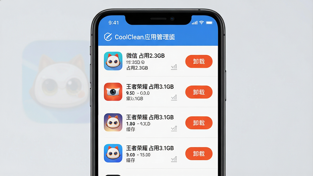主体:CoolClean的应用管理界面,显示应用列表和存储占用情况。布局:手机屏幕中央显示应用列表,每个应用图标后跟有大小和缓存信息。排版:列表式,清晰有序。风格:简洁商务风,浅色背景。细节:界面中显示“微信 占用2.3GB”、“王者荣耀 占用3.1GB”等,并高亮显示“卸载”按钮。画质:高清,干净。