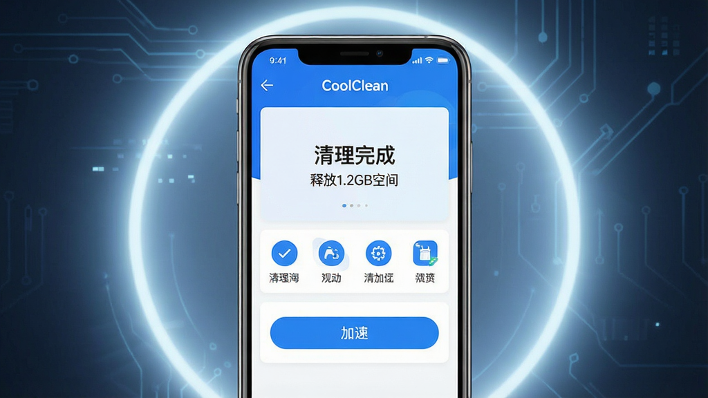 主体:CoolClean软件界面展示,手机屏幕显示清理结果和加速按钮。布局:手机居中,屏幕内容清晰可见,周围有简洁的背景光效。排版:界面元素排列整齐,功能图标有序,色彩以蓝白为主。风格:现代科技感,扁平化设计。细节:屏幕中显示“清理完成”和“释放1.2GB空间”字样,以及几个功能图标。画质:高清渲染,干净无多余元素。