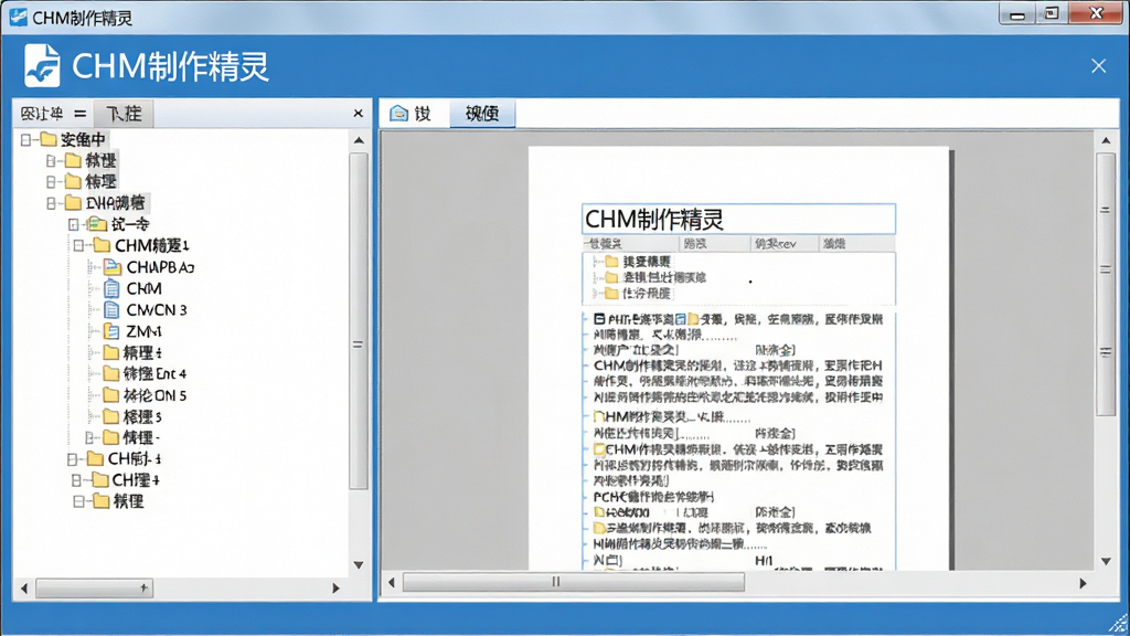 主体为电脑屏幕中显示CHM制作精灵软件界面,界面左侧是目录树,右侧是文档预览区,整体布局清晰。排版采用左右分栏样式,界面以蓝白为主色调。风格现代简约,扁平化设计,细节包含软件名称“CHM制作精灵”标识,画质高清,干净无多余元素。