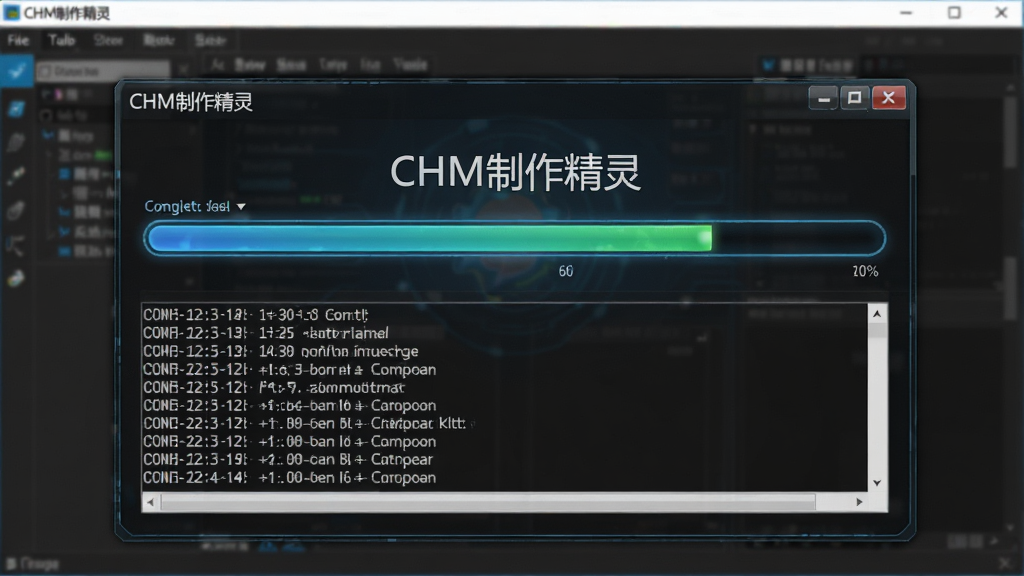 主体为CHM制作精灵软件的一键编译界面,显示编译进度条和日志信息,背景为软件主界面。布局简洁,进度条醒目,风格科技感,细节包含“CHM制作精灵”软件名称,画质高清,干净无多余元素。