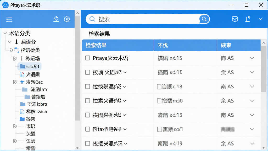 软件主界面展示,左侧为术语分类树,右侧为检索结果列表,顶部搜索框突出,整体采用蓝白配色,现代简约风格,界面干净无多余元素,高分辨率,画质清晰,软件名称“Pitaya火云术语”显示在窗口标题栏。