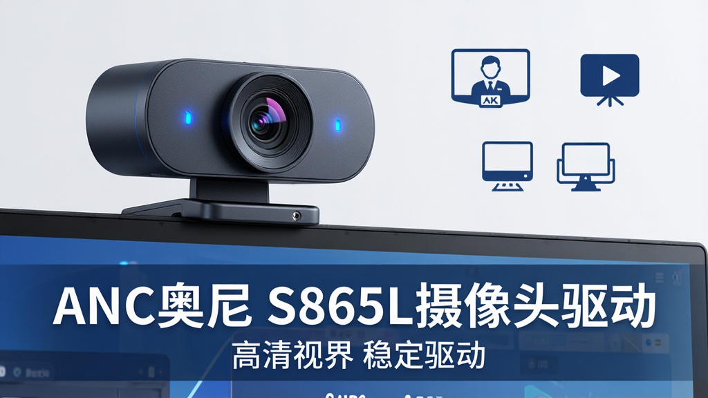 主体:一张高清的ANC奥尼S865L摄像头实物图,放置在电脑显示器顶部,镜头正对前方。布局:摄像头居中偏左,右侧留白区域用简洁线条勾勒出视频通话、网络直播、在线会议等图标。排版:画面下方三分之一处放置一条半透明深蓝色横幅,白色大字写着“ANC奥尼 S865L摄像头驱动”,下方小字“高清视界 稳定驱动”。风格:科技感、商务风,蓝色主色调。细节:摄像头表面有细腻的磨砂质感,指示灯亮起蓝色光,画面干净无杂物。画质:8K超高清,细节丰富,光线均匀,干净无多余元素。