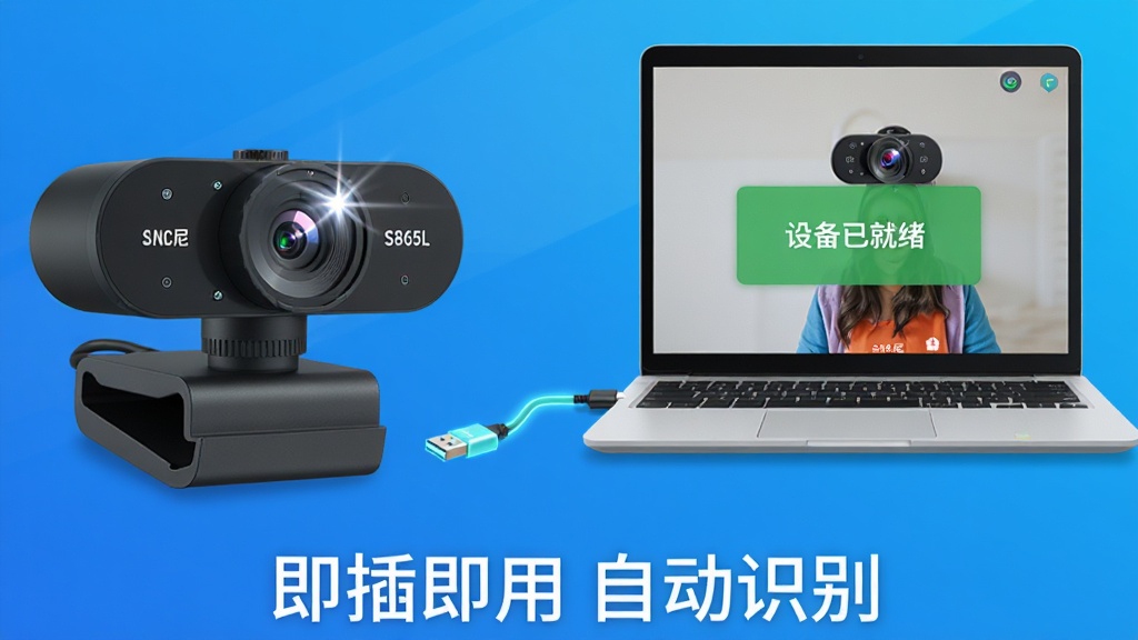 主体:一台笔记本电脑旁放置着ANC奥尼S865L摄像头,屏幕中显示“设备已就绪”的绿色提示框。布局:摄像头位于画面左侧,电脑位于右侧,中间用一条发光的USB连接线示意。排版:画面下方居中显示白色文字“即插即用 自动识别”,背景为渐变蓝色。风格:简洁明亮,扁平化插画风格。细节:摄像头镜头有反光效果,电脑屏幕有摄像头画面预览,无多余元素。画质:高清,色彩鲜艳,干净无杂物。