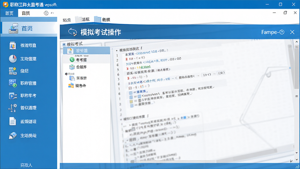 职称计算机直考通之wpsoffice主界面展示图,左侧功能导航栏,右侧模拟考试操作区,整体风格简洁明快,色彩以蓝色和白色为主,界面布局清晰,图标精致,画质高清,干净无多余元素