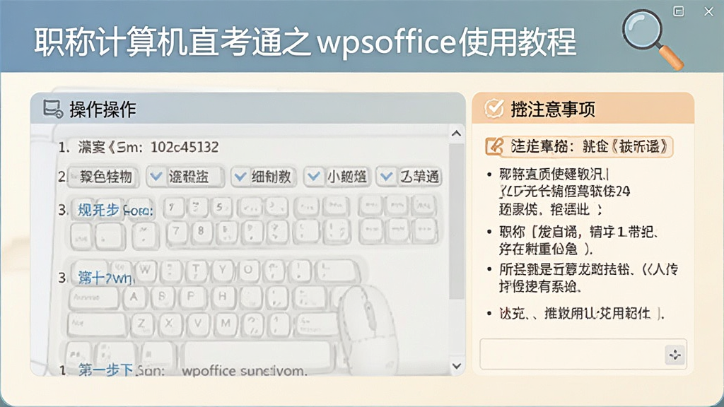 职称计算机直考通之wpsoffice使用教程界面,显示操作步骤和注意事项,图文结合,风格简洁,色彩温和,画质清晰,干净无多余元素