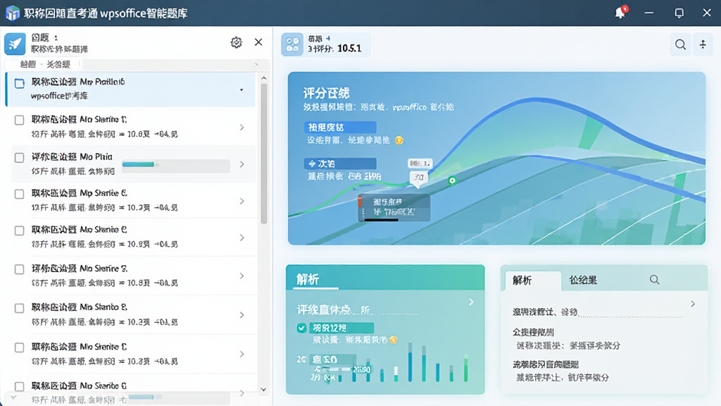 职称计算机直考通之wpsoffice智能题库界面,左侧题目列表,右侧答题面板,下方显示评分结果和解析,界面数据可视化,风格现代,色彩清新,画质高清,干净无多余元素